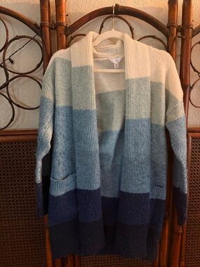 Time and Tru Cream and Blue Ombre Open-Front Women's Cardigan